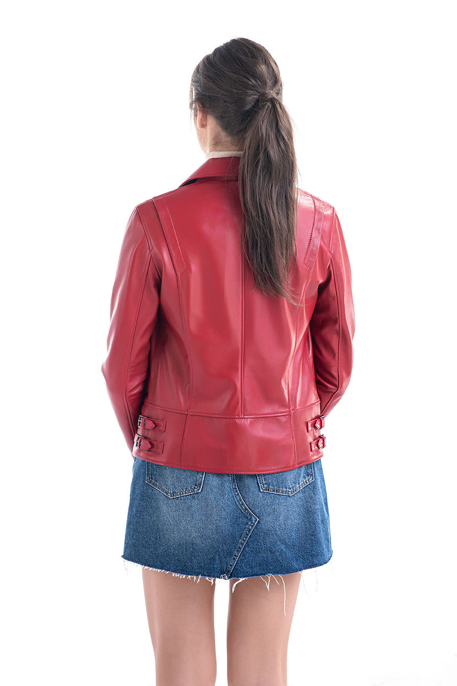 Red Genuine Sheepskin Jacket with Diagonal Zipper-Leather Jackets-Buy Me Fur Ltd-Red-S-Genuine Sheepskin Leather-Urbanheer