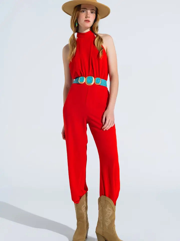 Red Jumpsuit with Crossed Halter Neckline-Jumpsuit-Q2-S-Red-Urbanheer