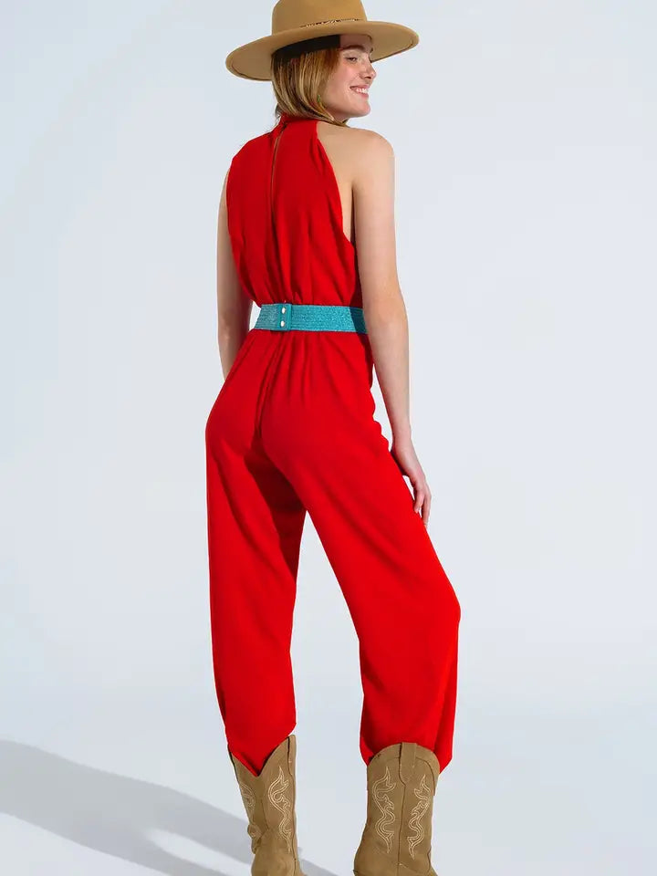 Red Jumpsuit with Crossed Halter Neckline-Jumpsuit-Q2-S-Red-Urbanheer
