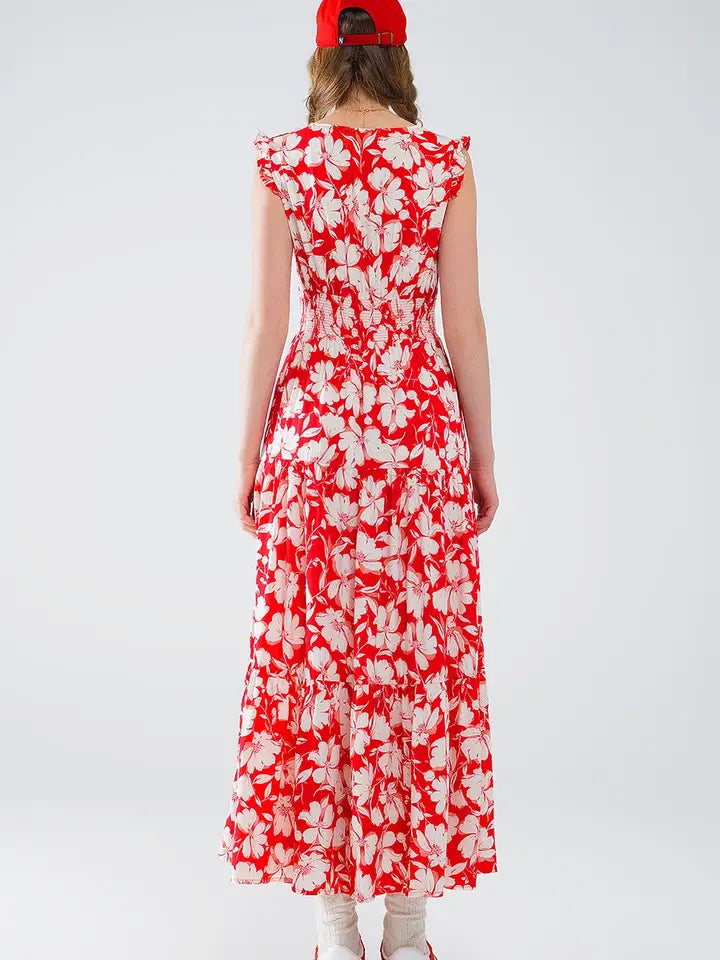 Red Maxi Dress with Floral Print and V-Neck-Dress-Q2-S-Red-Urbanheer