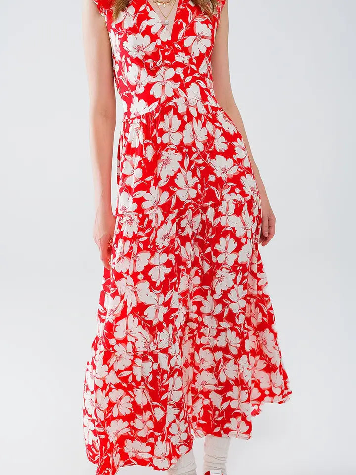 Red Maxi Dress with Floral Print and V-Neck-Dress-Q2-S-Red-Urbanheer