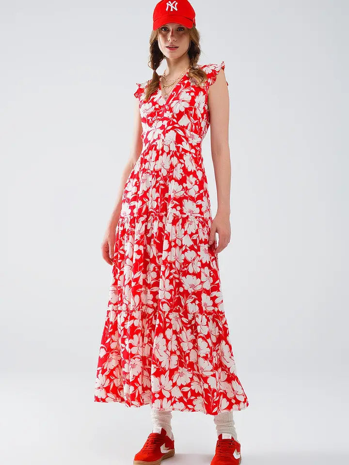 Red Maxi Dress with Floral Print and V-Neck-Dress-Q2-S-Red-Urbanheer