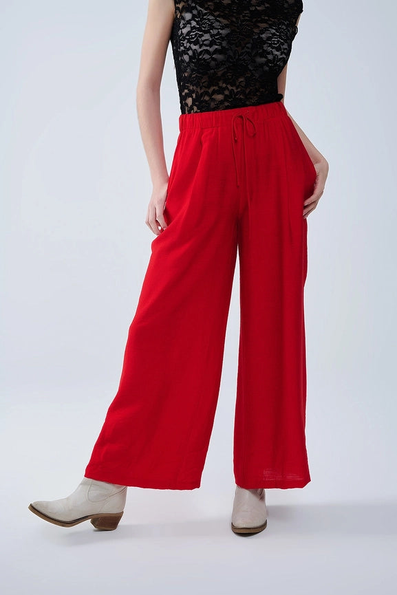 Red Pants with Wide Leg in Light Viscose Fabric-Pants-Q2-L-RED-Urbanheer