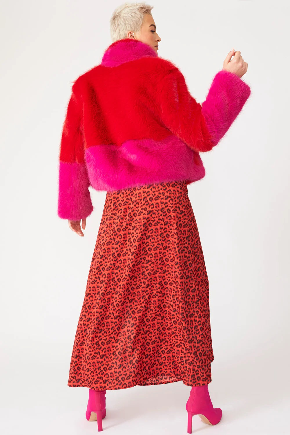 Red Pink Bamboo Faux Fur Double Cropped Coat-Faux Fur Coats-Buy Me Fur Ltd-L-XL-Red / Pink-Faux Fur-Urbanheer