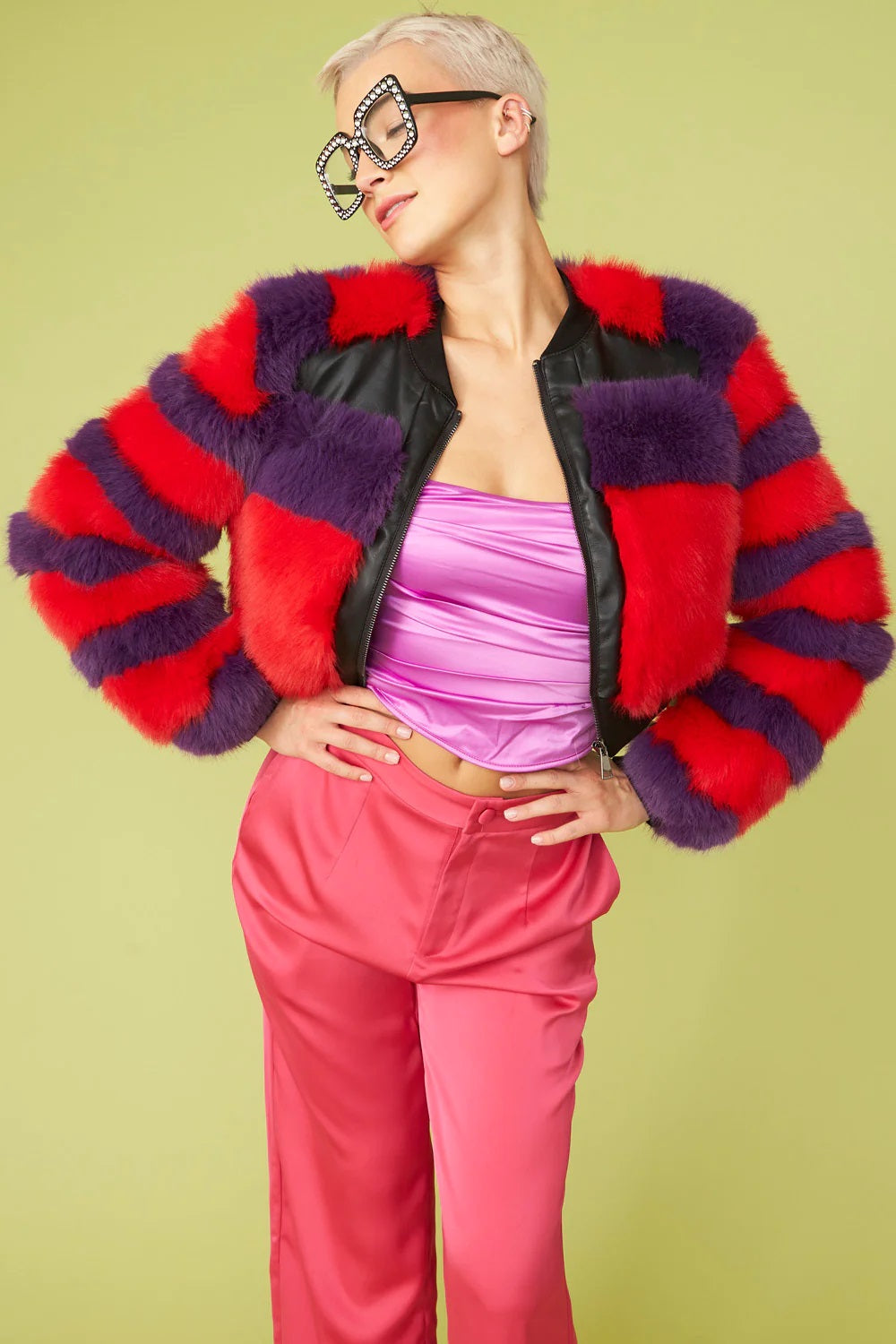 Red - Purple Faux Fur Stripe Bomber Jacket-Jackets & Blazers-Buy Me Fur Ltd-One Size-Red / Purple-Faux Fur-Urbanheer