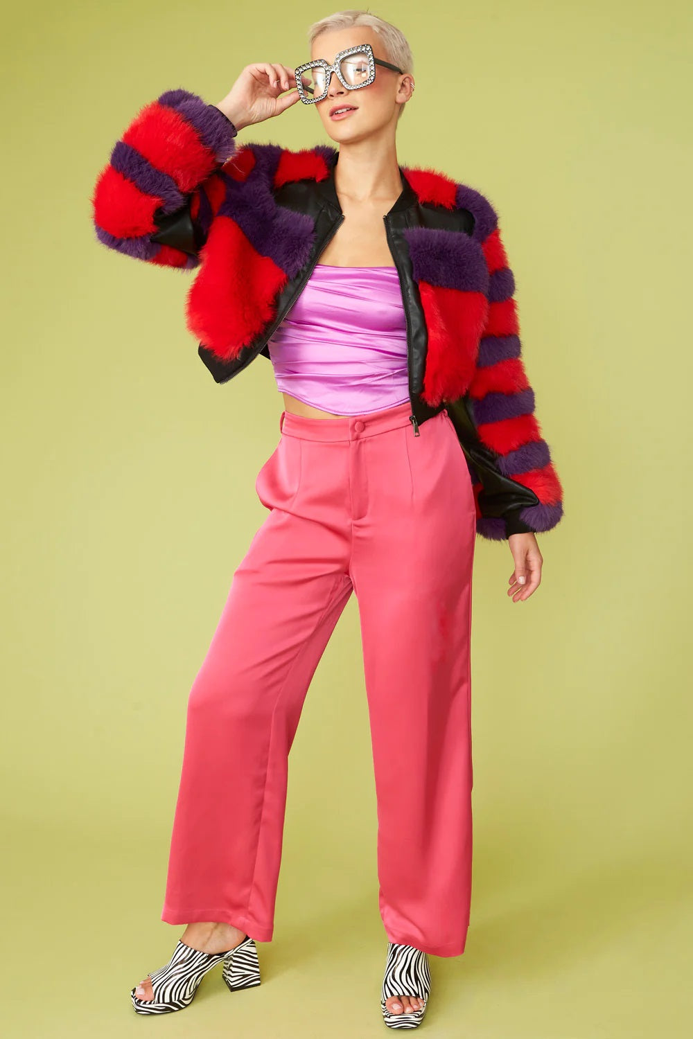 Red - Purple Faux Fur Stripe Bomber Jacket-Jackets & Blazers-Buy Me Fur Ltd-One Size-Red / Purple-Faux Fur-Urbanheer