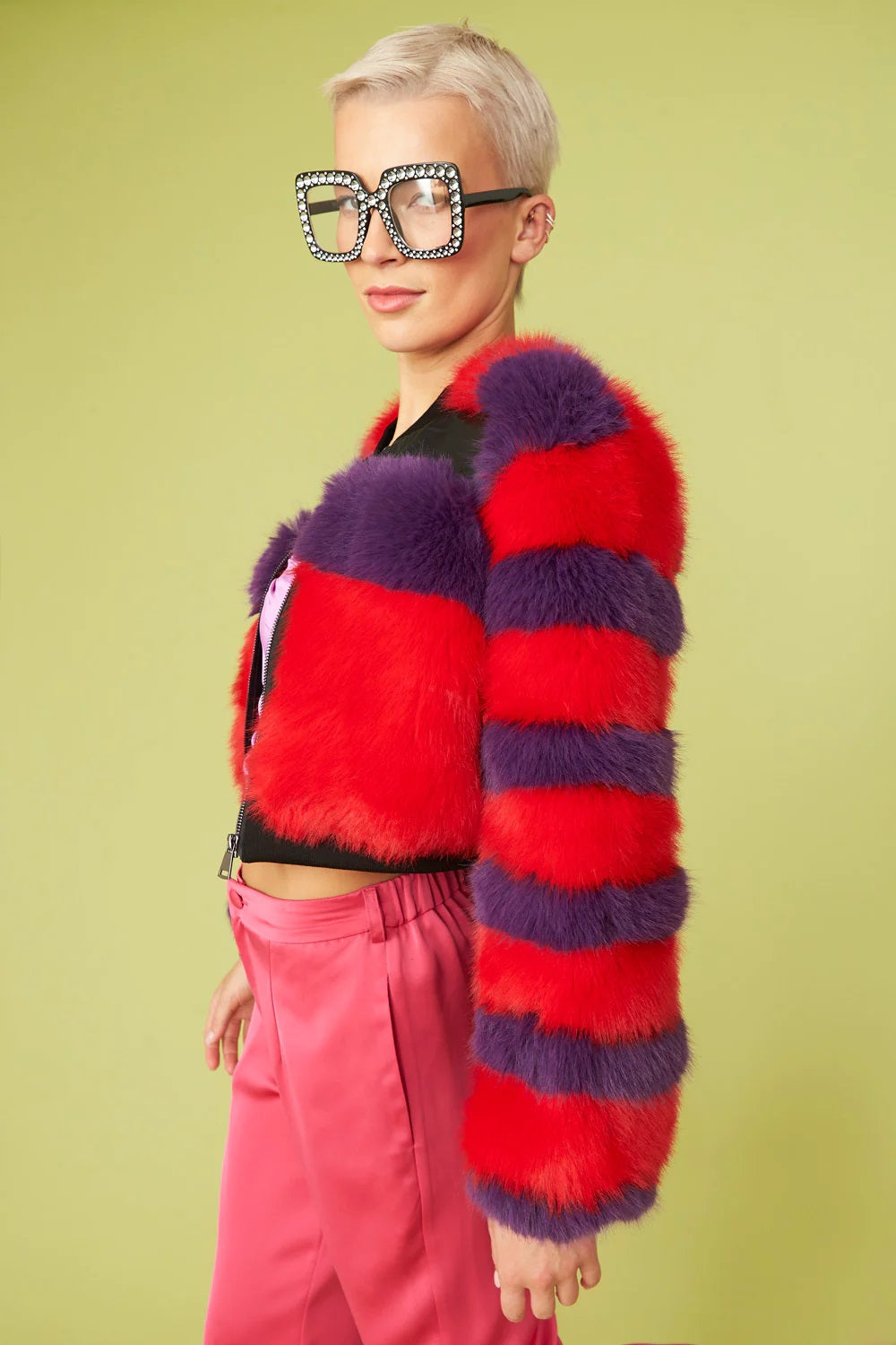 Red - Purple Faux Fur Stripe Bomber Jacket-Jackets & Blazers-Buy Me Fur Ltd-One Size-Red / Purple-Faux Fur-Urbanheer