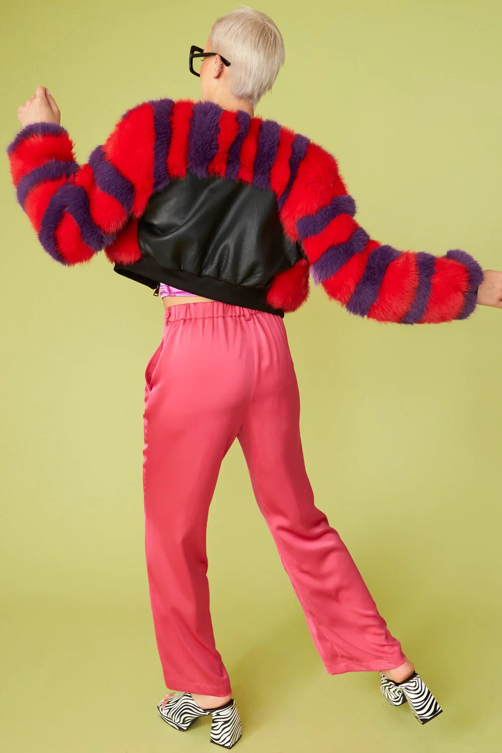 Red - Purple Faux Fur Stripe Bomber Jacket-Jackets & Blazers-Buy Me Fur Ltd-One Size-Red / Purple-Faux Fur-Urbanheer