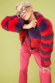 Red - Purple Faux Fur Stripe Bomber Jacket-Jackets & Blazers-Buy Me Fur Ltd-One Size-Red / Purple-Faux Fur-Urbanheer