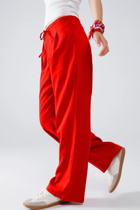 Red Relaxed Pants with Drawstring Closing and Side Pockets-Pants-Q2-S-Red-Urbanheer