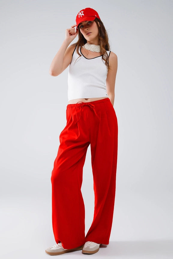 Red Relaxed Pants with Drawstring Closing and Side Pockets-Pants-Q2-S-Red-Urbanheer