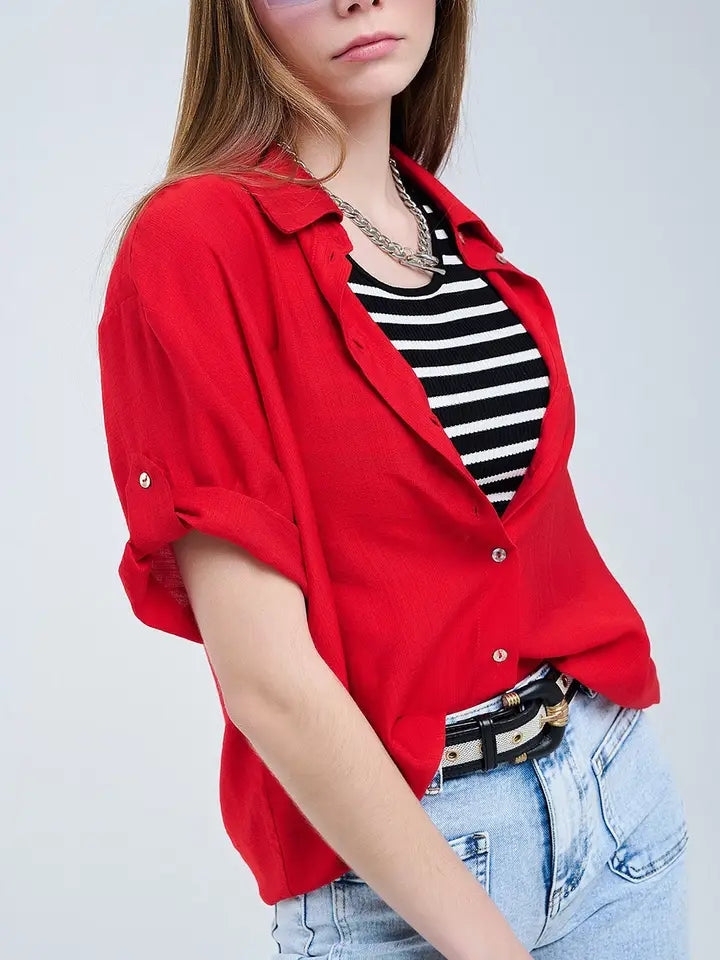 Red Shirt with Short Sleeves and Pleat On the Sleeve-Shirt-Q2-M-RED-Urbanheer