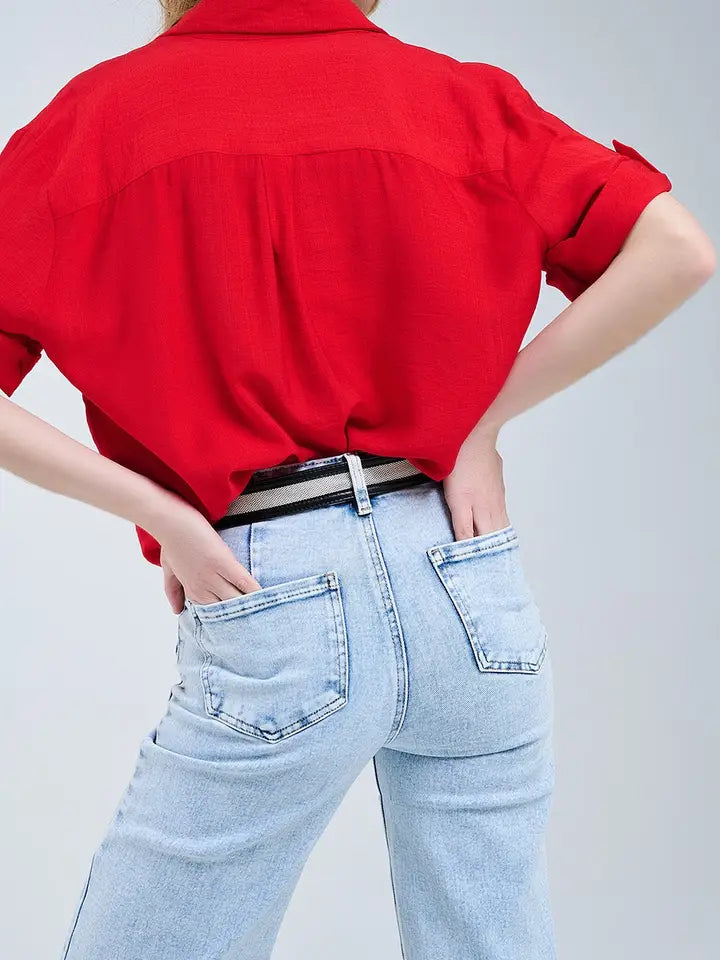 Red Shirt with Short Sleeves and Pleat On the Sleeve-Shirt-Q2-M-RED-Urbanheer
