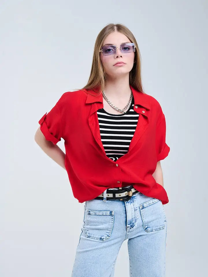 Red Shirt with Short Sleeves and Pleat On the Sleeve-Shirt-Q2-M-RED-Urbanheer