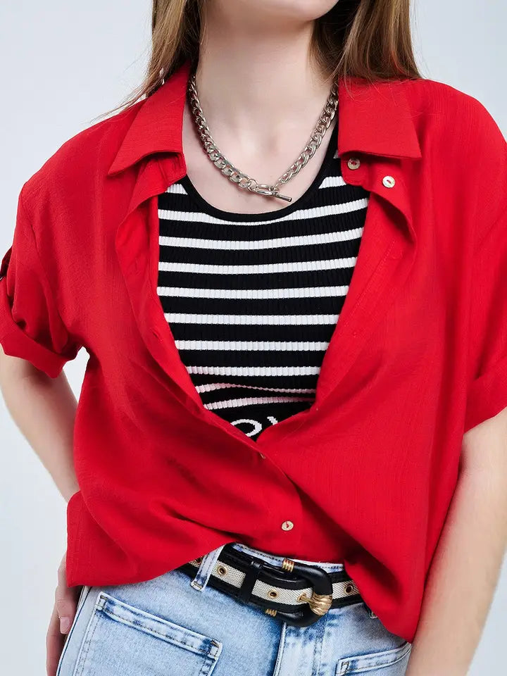 Red Shirt with Short Sleeves and Pleat On the Sleeve-Shirt-Q2-M-RED-Urbanheer