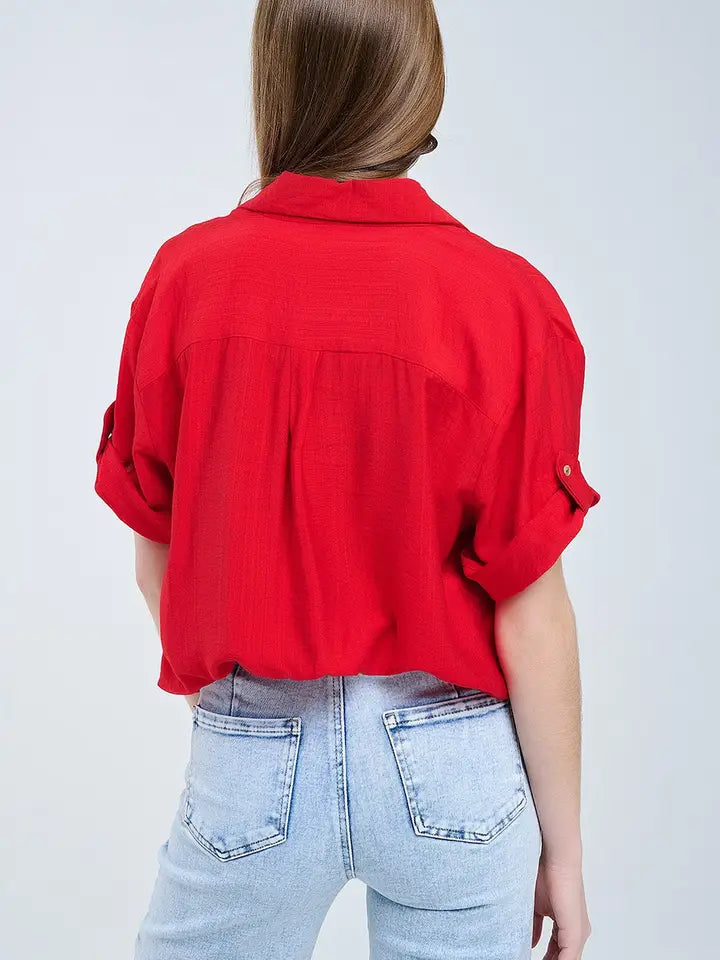 Red Shirt with Short Sleeves and Pleat On the Sleeve-Shirt-Q2-M-RED-Urbanheer