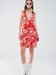 Red Short Boho Flower Print Dress with Lurex Detail-Dress-Q2-S-Red-Urbanheer