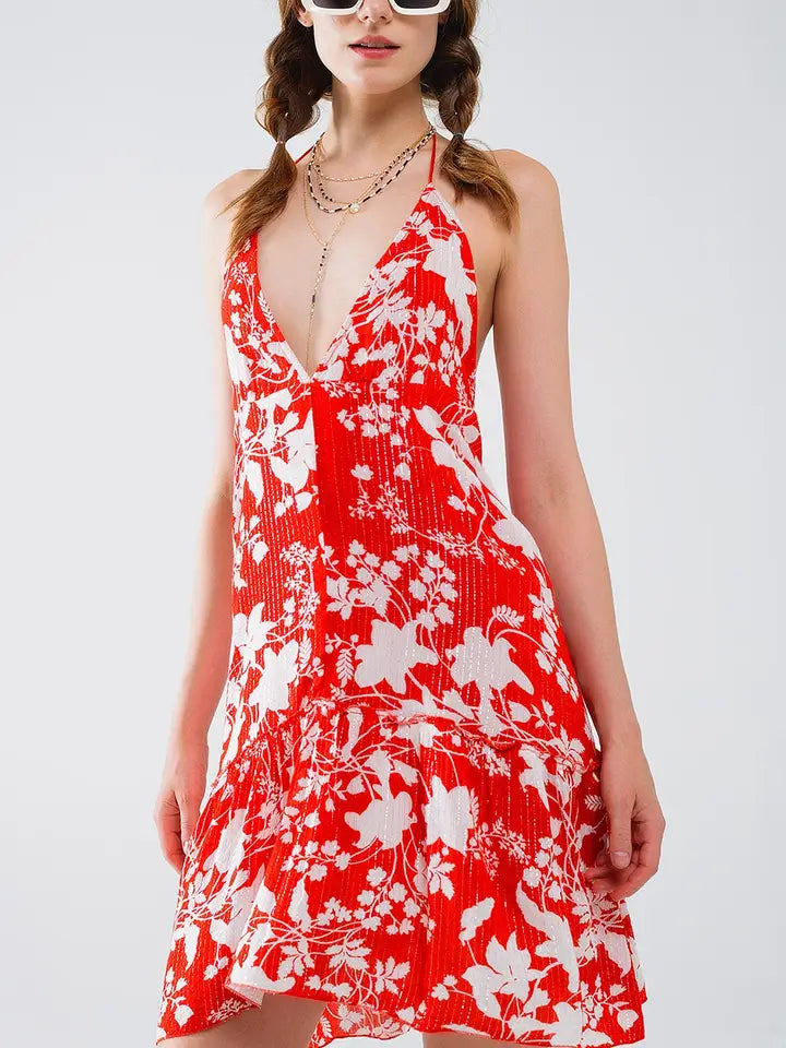 Red Short Boho Flower Print Dress with Lurex Detail-Dress-Q2-S-Red-Urbanheer