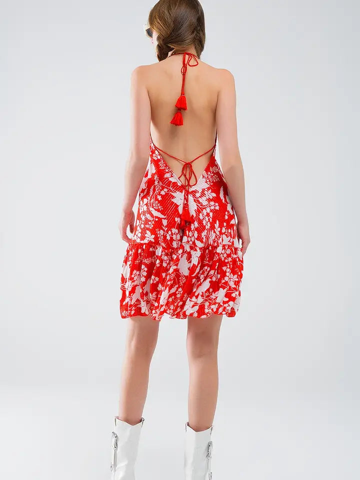 Red Short Boho Flower Print Dress with Lurex Detail-Dress-Q2-S-Red-Urbanheer