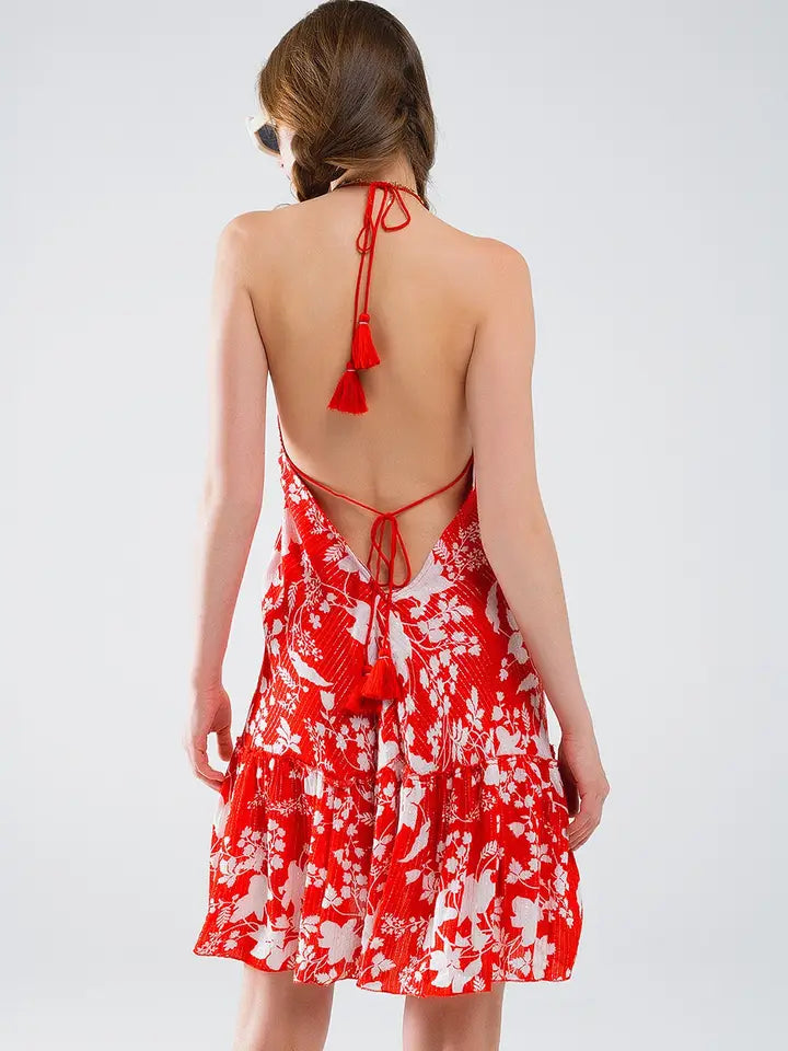 Red Short Boho Flower Print Dress with Lurex Detail-Dress-Q2-S-Red-Urbanheer
