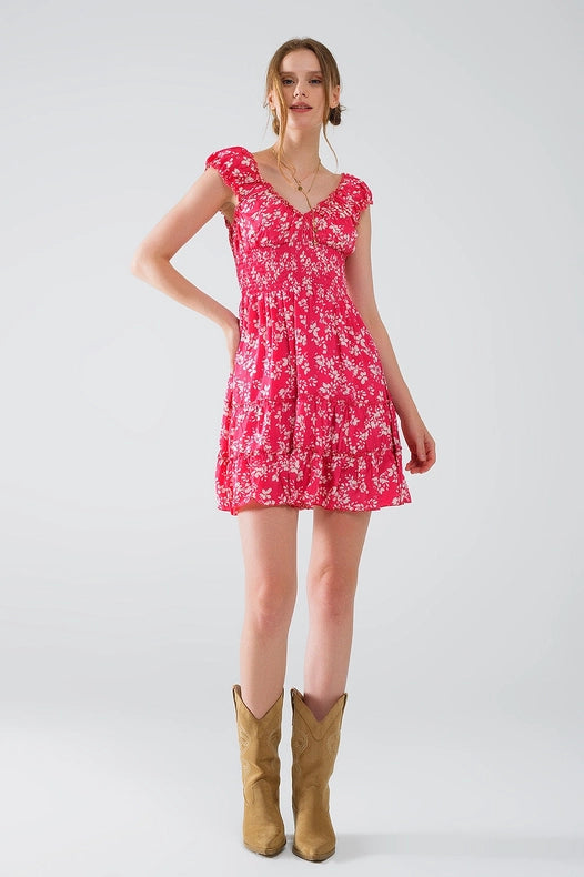 Red Short Dress with White Floral Print and Elastic Waist-Dress-Q2-S-Pink-Urbanheer