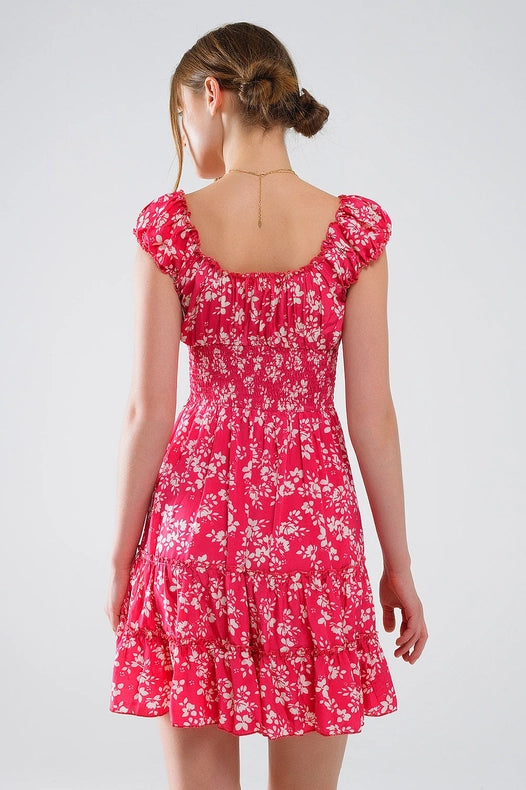 Red Short Dress with White Floral Print and Elastic Waist-Dress-Q2-S-Pink-Urbanheer