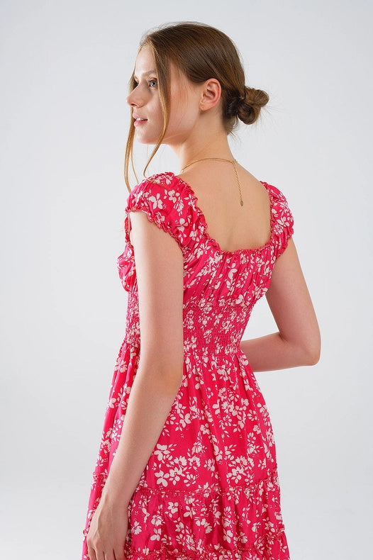Red Short Dress with White Floral Print and Elastic Waist-Dress-Q2-S-Pink-Urbanheer