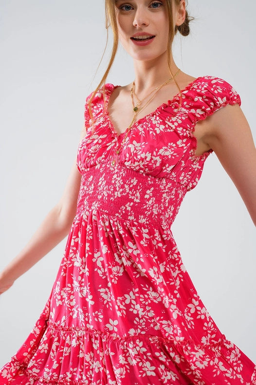 Red Short Dress with White Floral Print and Elastic Waist-Dress-Q2-S-Pink-Urbanheer