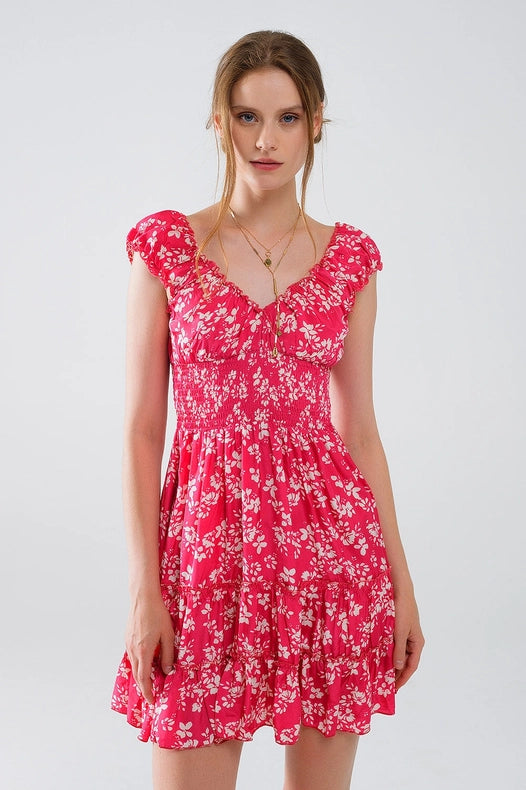Red Short Dress with White Floral Print and Elastic Waist-Dress-Q2-S-Pink-Urbanheer
