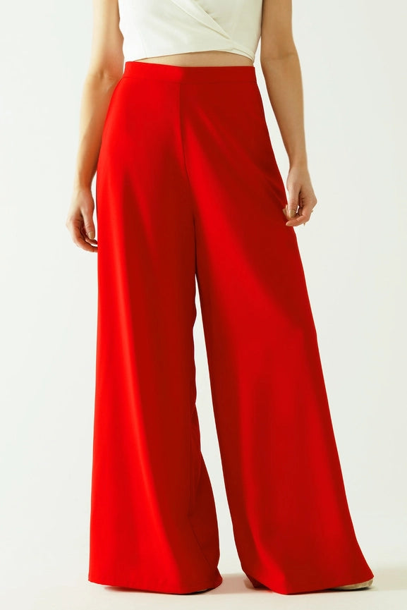 Red Wide Leg Basic Flared Pants-Pants-Q2-L-Red-Urbanheer