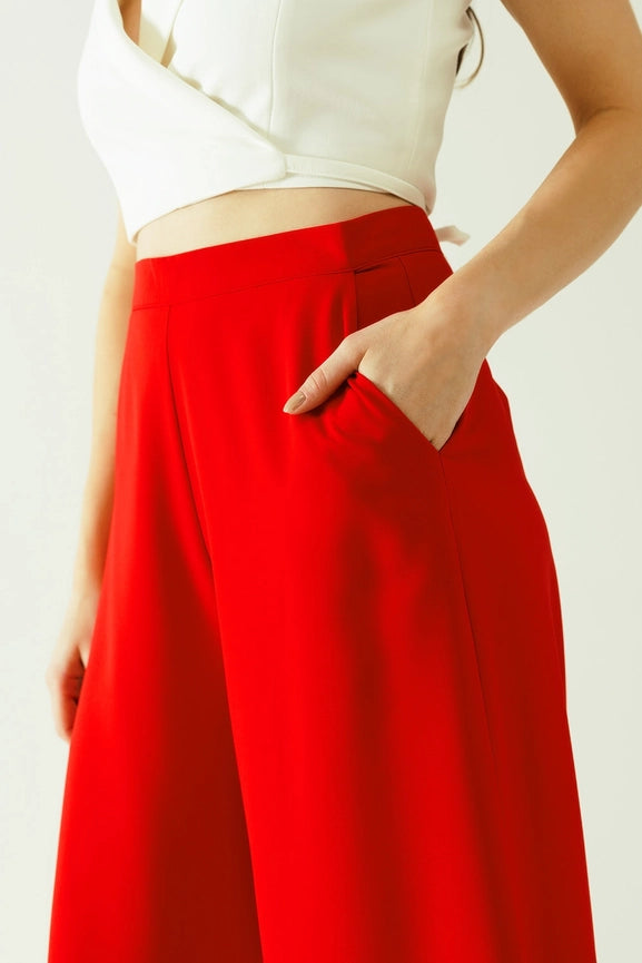 Red Wide Leg Basic Flared Pants-Pants-Q2-L-Red-Urbanheer
