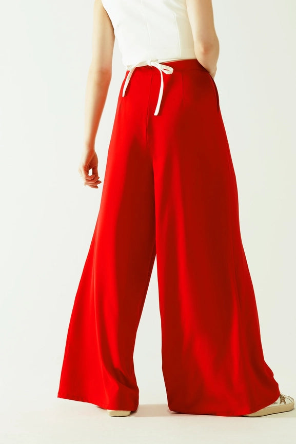 Red Wide Leg Basic Flared Pants-Pants-Q2-L-Red-Urbanheer