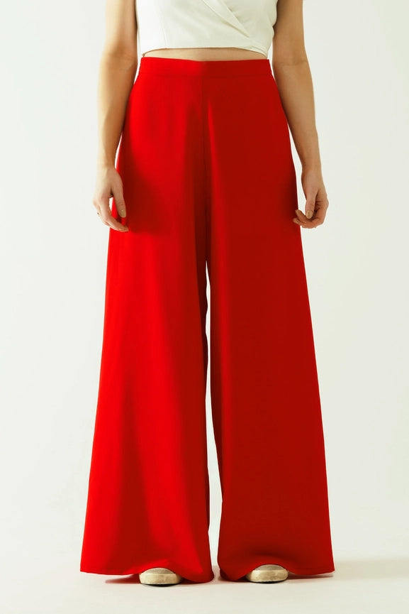 Red Wide Leg Basic Flared Pants-Pants-Q2-L-Red-Urbanheer