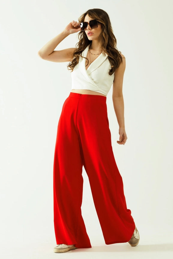 Red Wide Leg Basic Flared Pants-Pants-Q2-L-Red-Urbanheer