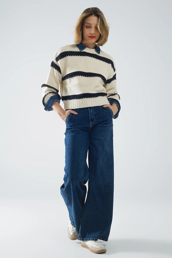 Relaxed Beige Jumper with Black Stripes-Jumper-Q2-OS-White-Urbanheer