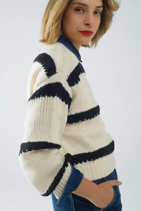 Relaxed Beige Jumper with Black Stripes-Jumper-Q2-OS-White-Urbanheer