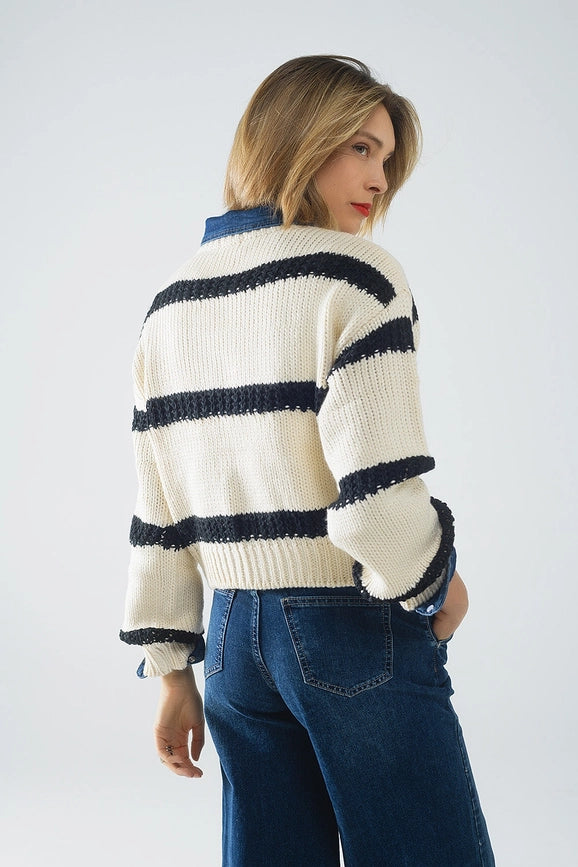 Relaxed Beige Jumper with Black Stripes-Jumper-Q2-OS-White-Urbanheer