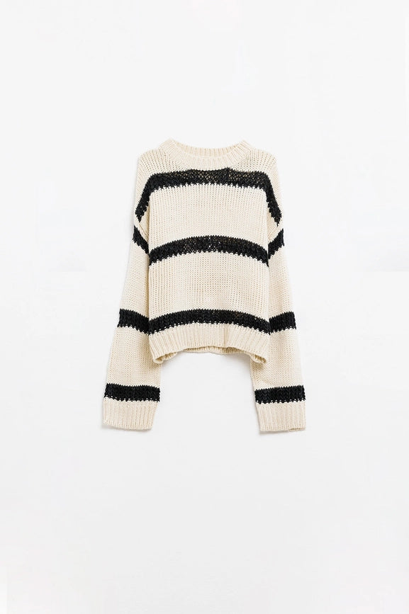 Relaxed Beige Jumper with Black Stripes-Jumper-Q2-OS-White-Urbanheer