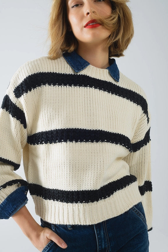 Relaxed Beige Jumper with Black Stripes-Jumper-Q2-OS-White-Urbanheer