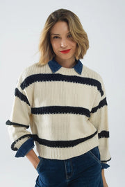 Relaxed Beige Jumper with Black Stripes-Jumper-Q2-OS-White-Urbanheer