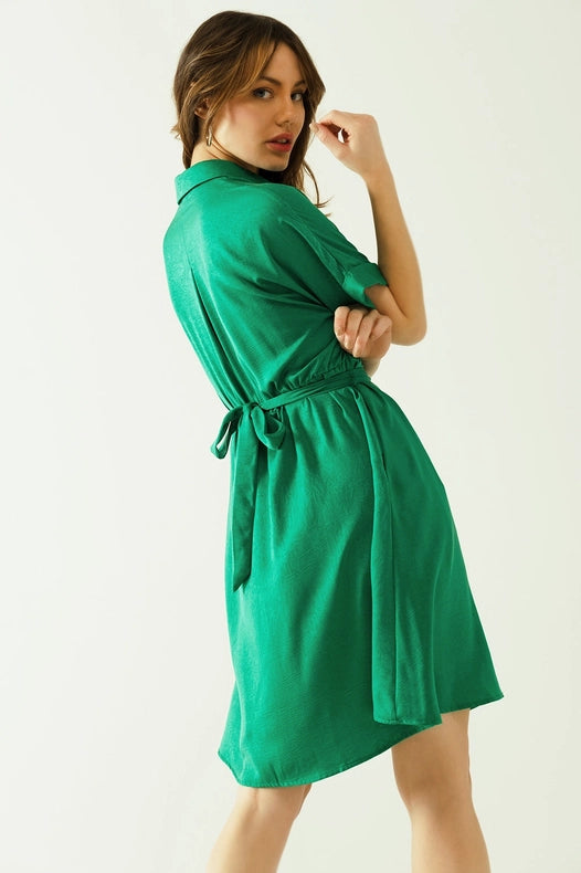 Relaxed Belted Mini Dress With Button Placked Down The Front-Dress-Q2-S-Green-Urbanheer