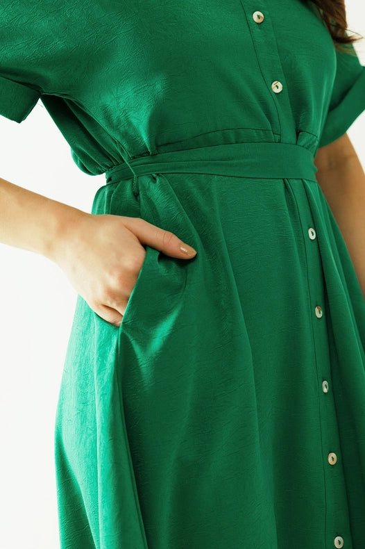 Relaxed Belted Mini Dress With Button Placked Down The Front-Dress-Q2-S-Green-Urbanheer