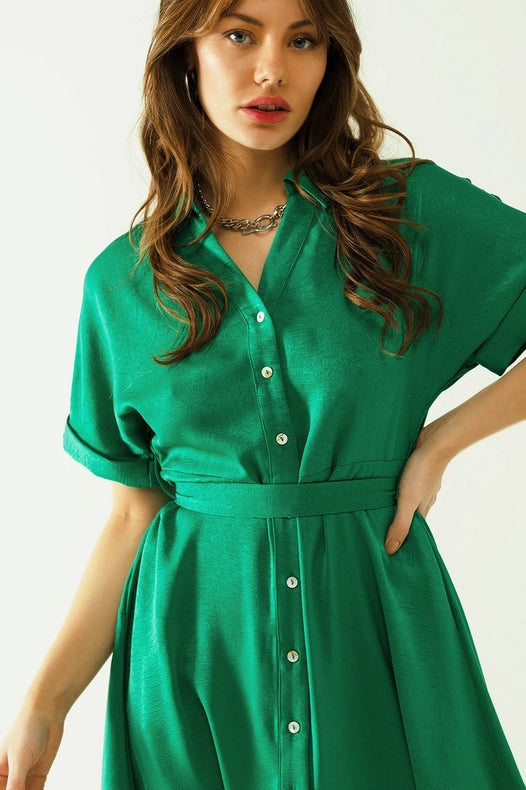 Relaxed Belted Mini Dress With Button Placked Down The Front-Dress-Q2-S-Green-Urbanheer