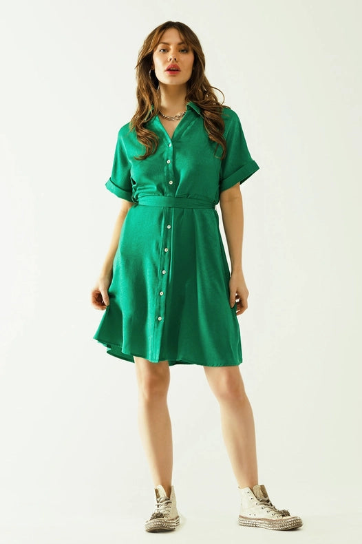 Relaxed Belted Mini Dress With Button Placked Down The Front-Dress-Q2-S-Green-Urbanheer