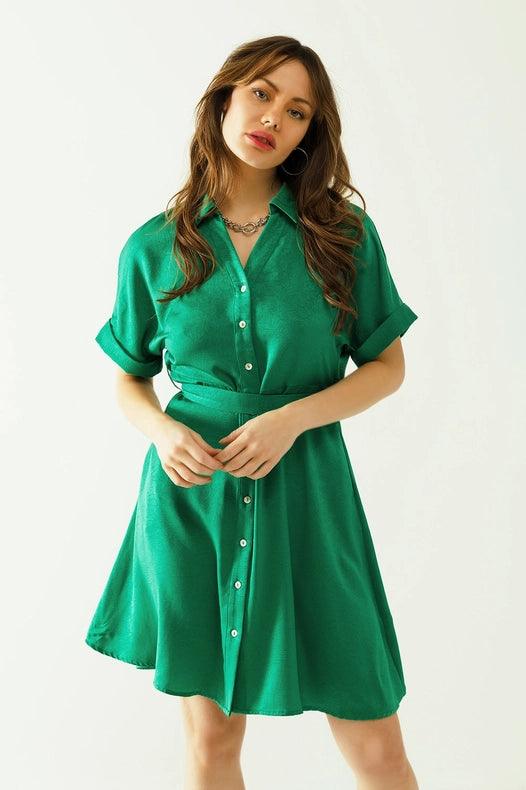 Relaxed Belted Mini Dress With Button Placked Down The Front-Dress-Q2-S-Green-Urbanheer