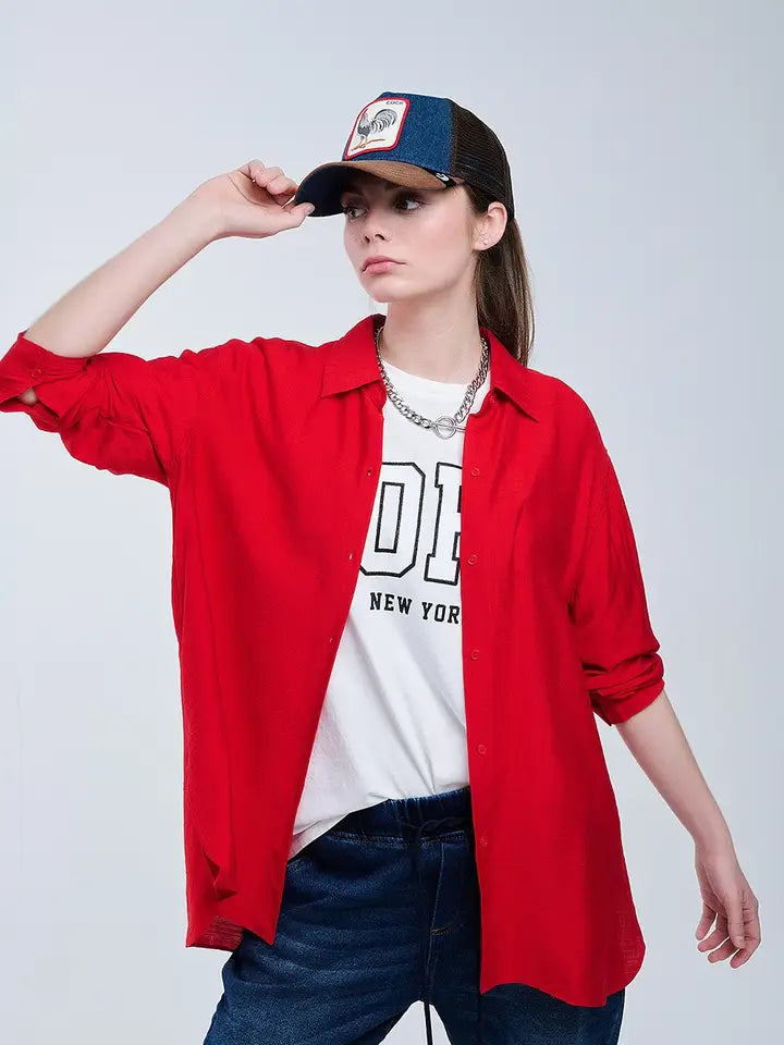 Relaxed Fit Red Shirt 3/4 Sleeves and High Low Hem-Shirt-Q2-S-RED-Urbanheer