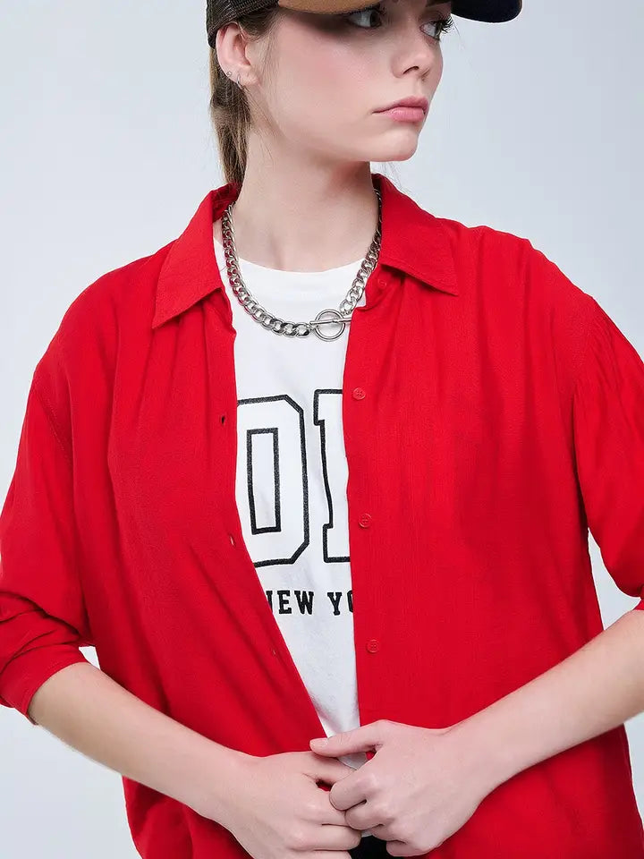 Relaxed Fit Red Shirt 3/4 Sleeves and High Low Hem-Shirt-Q2-S-RED-Urbanheer