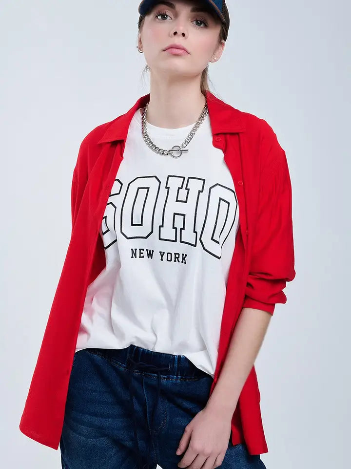 Relaxed Fit Red Shirt 3/4 Sleeves and High Low Hem-Shirt-Q2-S-RED-Urbanheer