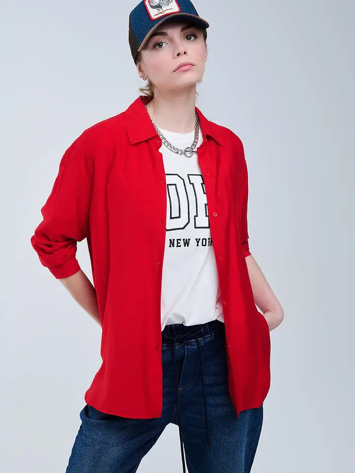 Relaxed Fit Red Shirt 3/4 Sleeves and High Low Hem-Shirt-Q2-S-RED-Urbanheer