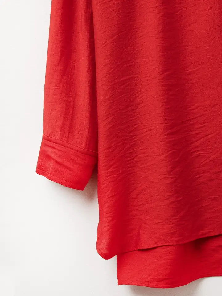 Relaxed Fit Red Shirt 3/4 Sleeves and High Low Hem-Shirt-Q2-S-RED-Urbanheer